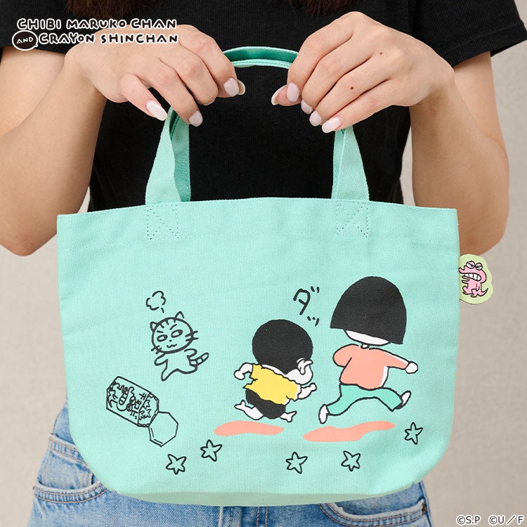 【ちびまる子ちゃん】ちびまる子ちゃん×クレヨンしんちゃん カラーマチ付きバッグ（ダッ/GR）　トートバッグ　買い物バッグ　キャラクターバッグ