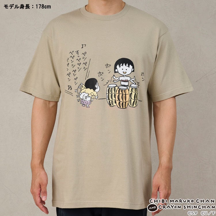 【ちびまる子ちゃん】ちびまる子ちゃん×クレヨンしんちゃん TシャツLサイズ （打楽器/GY）　キャラクター