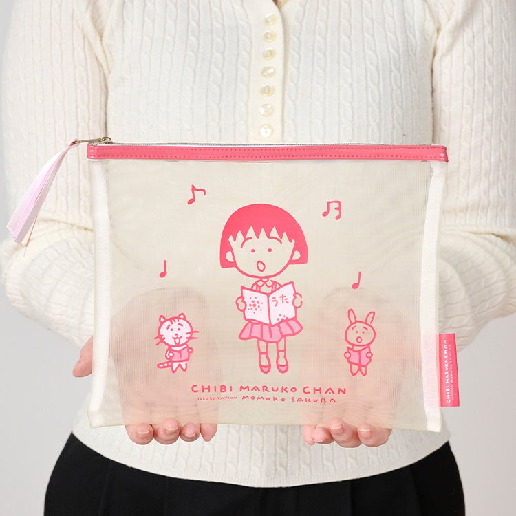 【ちびまる子ちゃん】メッシュポーチフラット（PK）　小物入れ　雑貨　ポーチ　化粧ポーチ　シール入れ　メッシュ　キャラクター　グッズ